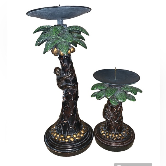 2 palm tree monkey pillar candle holders one short one tall - Picture 10 of 10